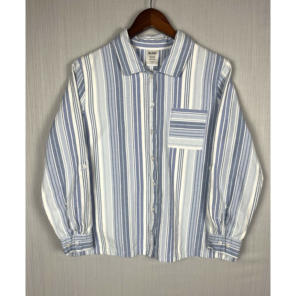 Cotton Linen Button‎ Down Blair Women L Blue Striped Roll Tab Sleeve Coastal